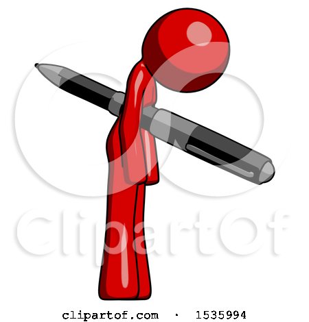 Red Design Mascot Woman Impaled Through Chest with Giant Pen by Leo Blanchette