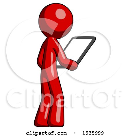Red Design Mascot Man Looking at Tablet Device Computer Facing Away by Leo Blanchette