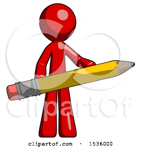 Red Design Mascot Man Writer or Blogger Holding Large Pencil by Leo Blanchette