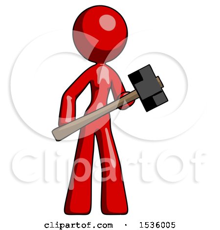 Red Design Mascot Woman with Sledgehammer Standing Ready to Work or Defend by Leo Blanchette