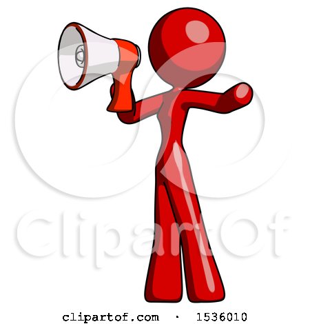 Red Design Mascot Woman Shouting into Megaphone Bullhorn Facing Left by Leo Blanchette
