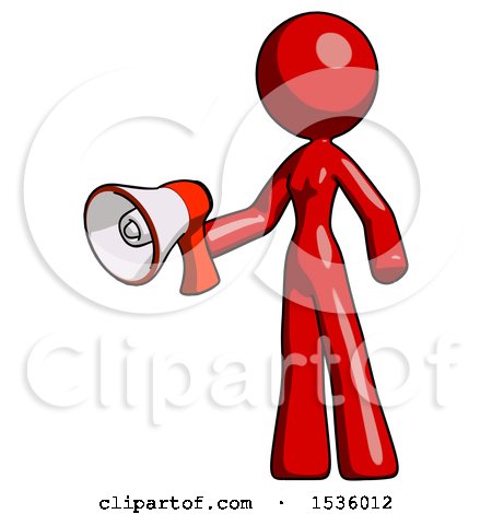 Red Design Mascot Woman Holding Megaphone Bullhorn Facing Right by Leo Blanchette