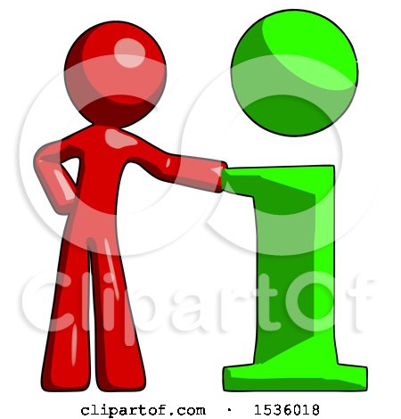Red Design Mascot Man with Info Symbol Leaning up Against It by Leo Blanchette