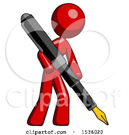 Red Design Mascot Woman Drawing or Writing with Large Calligraphy Pen by Leo Blanchette