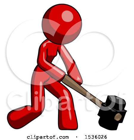 Red Design Mascot Woman Hitting with Sledgehammer, or Smashing Something at Angle by Leo Blanchette