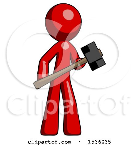 Red Design Mascot Man with Sledgehammer Standing Ready to Work or Defend by Leo Blanchette