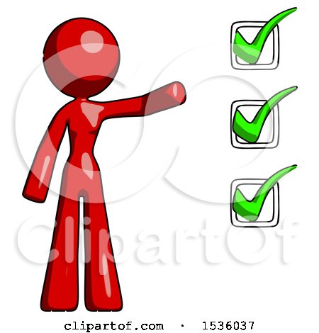 Red Design Mascot Woman Standing by a Checkmark List Arm Extended by Leo Blanchette