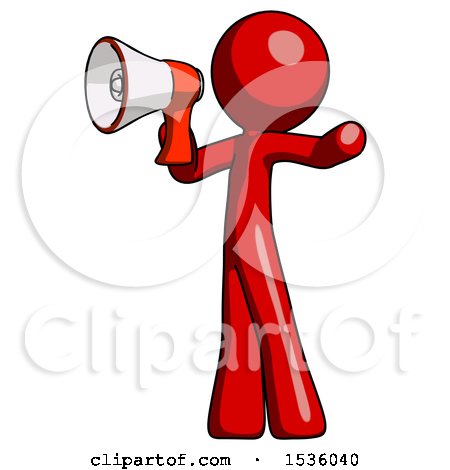 Red Design Mascot Man Shouting into Megaphone Bullhorn Facing Left by Leo Blanchette