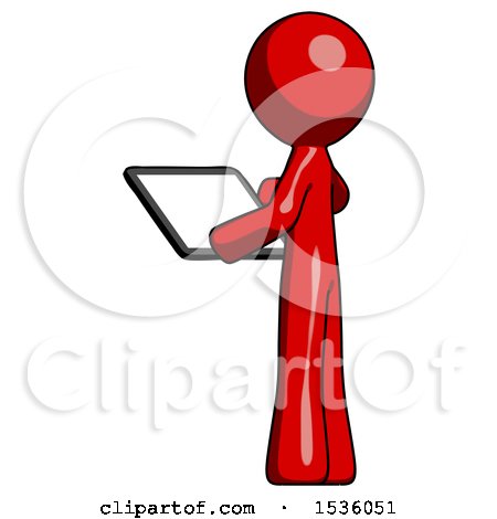 Red Design Mascot Man Looking at Tablet Device Computer with Back to Viewer by Leo Blanchette