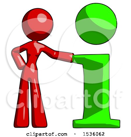 Red Design Mascot Woman with Info Symbol Leaning up Against It by Leo Blanchette