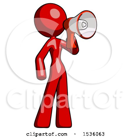 Red Design Mascot Woman Shouting into Megaphone Bullhorn Facing Right by Leo Blanchette