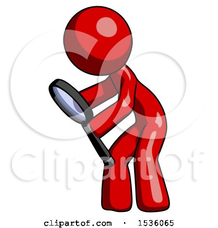 Red Design Mascot Man Inspecting with Large Magnifying Glass Left by Leo Blanchette