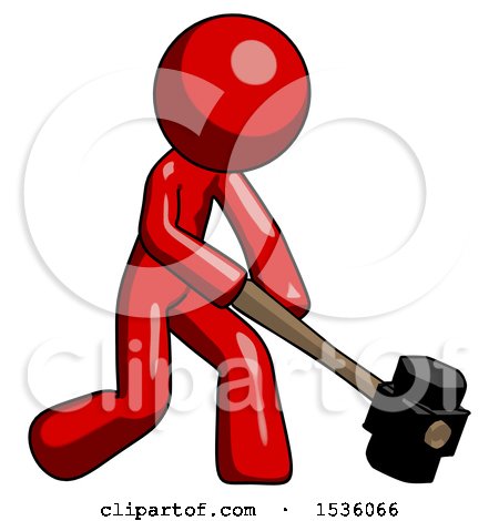 Red Design Mascot Man Hitting with Sledgehammer, or Smashing Something at Angle by Leo Blanchette