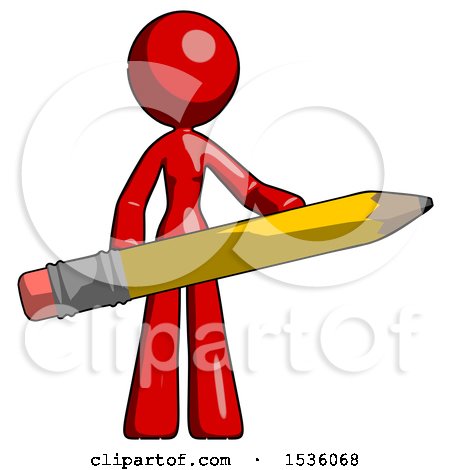 Red Design Mascot Woman Office Worker or Writer Holding a Giant Pencil by Leo Blanchette