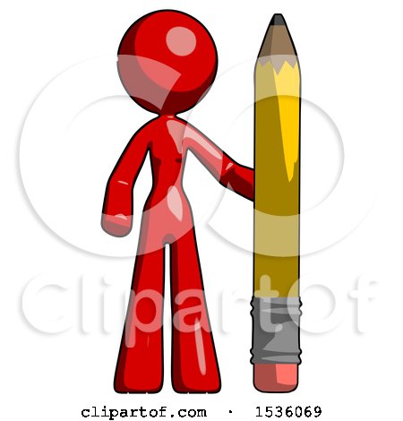 Red Design Mascot Woman with Large Pencil Standing Ready to Write by Leo Blanchette