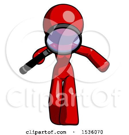 Red Design Mascot Woman Looking down Through Magnifying Glass by Leo Blanchette