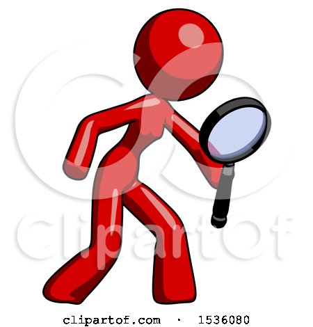 Red Design Mascot Woman Inspecting with Large Magnifying Glass Right by Leo Blanchette