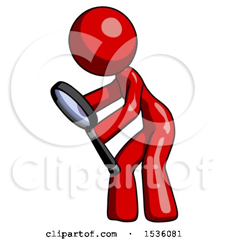 Red Design Mascot Woman Inspecting with Large Magnifying Glass Left by Leo Blanchette