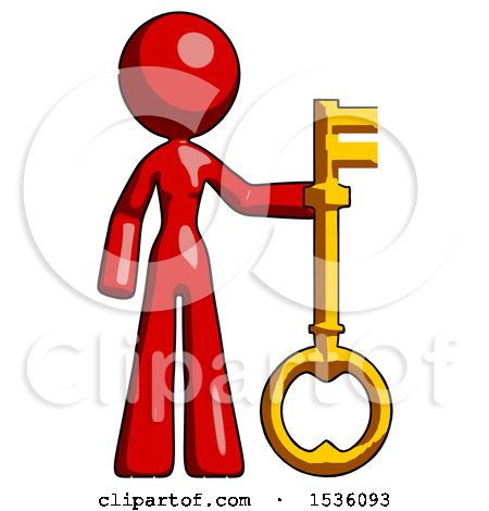 Red Design Mascot Woman Holding Key Made of Gold by Leo Blanchette