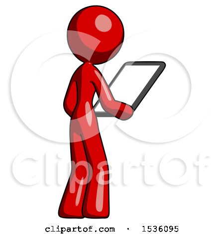 Red Design Mascot Woman Looking at Tablet Device Computer Facing Away by Leo Blanchette