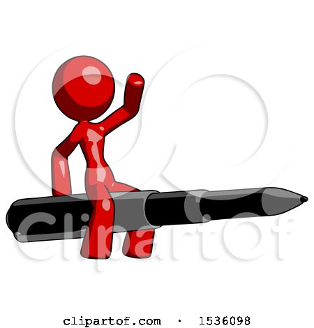 Red Design Mascot Woman Riding a Pen like a Giant Rocket by Leo Blanchette