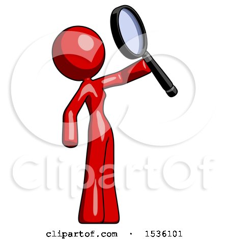 Red Design Mascot Woman Inspecting with Large Magnifying Glass Facing up by Leo Blanchette