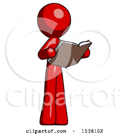 Red Design Mascot Man Reading Book While Standing up Facing Away by Leo Blanchette