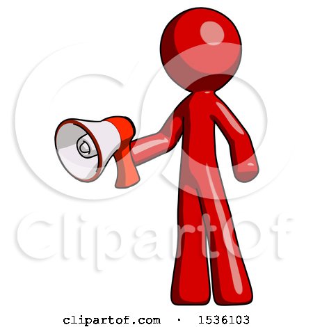 Red Design Mascot Man Holding Megaphone Bullhorn Facing Right by Leo Blanchette