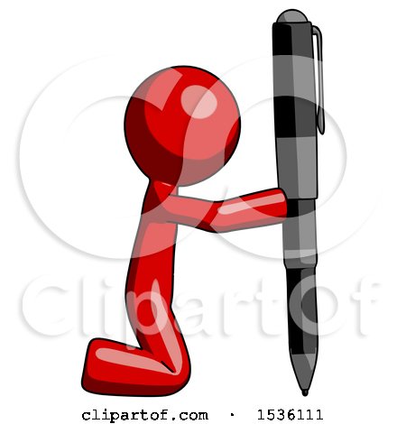 Red Design Mascot Man Posing with Giant Pen in Powerful yet Awkward Manner. by Leo Blanchette