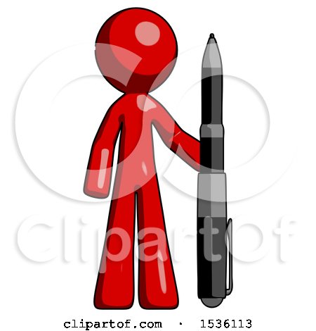Red Design Mascot Man Holding Large Pen by Leo Blanchette