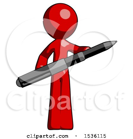 Red Design Mascot Man Posing Confidently with Giant Pen by Leo Blanchette