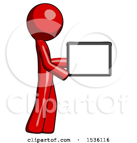 Red Design Mascot Man Show Tablet Device Computer to Viewer, Blank Area by Leo Blanchette