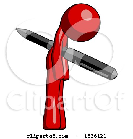 Red Design Mascot Man Impaled Through Chest with Giant Pen by Leo Blanchette