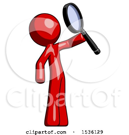 Red Design Mascot Man Inspecting with Large Magnifying Glass Facing up by Leo Blanchette