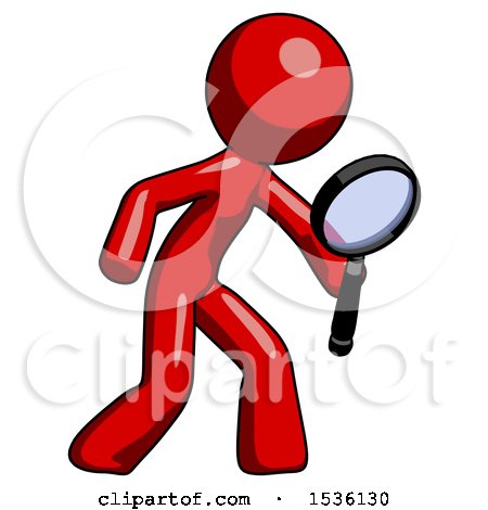 Red Design Mascot Man Inspecting with Large Magnifying Glass Right by Leo Blanchette