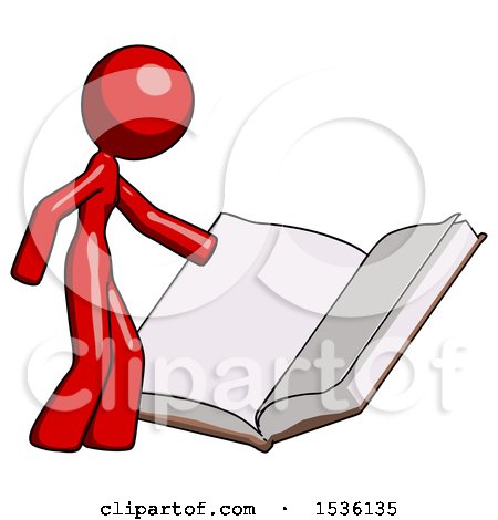 Red Design Mascot Woman Reading Big Book While Standing Beside It by Leo Blanchette
