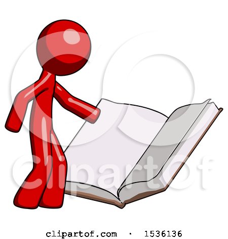 Red Design Mascot Man Reading Big Book While Standing Beside It by Leo Blanchette