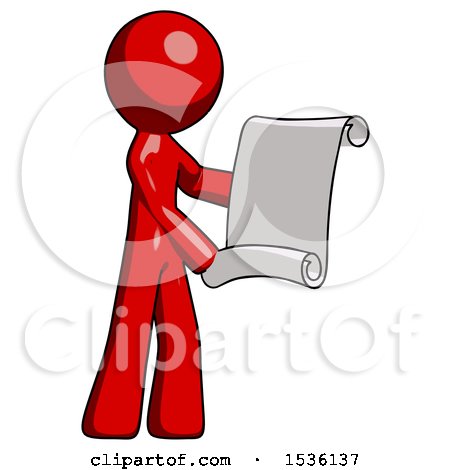 Red Design Mascot Man Holding Blueprints or Scroll by Leo Blanchette