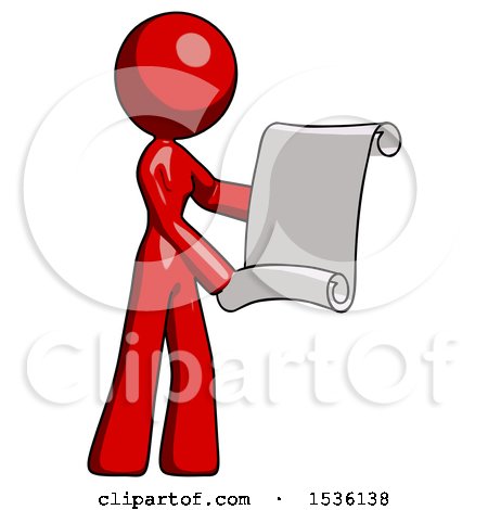 Red Design Mascot Woman Holding Blueprints or Scroll by Leo Blanchette