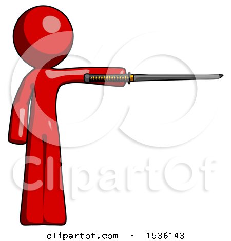 Red Design Mascot Man Standing with Ninja Sword Katana Pointing Right by Leo Blanchette