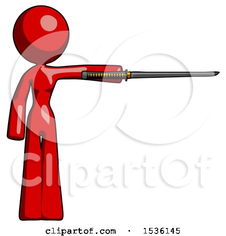 Red Design Mascot Woman Standing with Ninja Sword Katana Pointing Right by Leo Blanchette