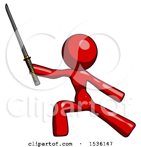 Red Design Mascot Woman with Ninja Sword Katana in Defense Pose by Leo Blanchette