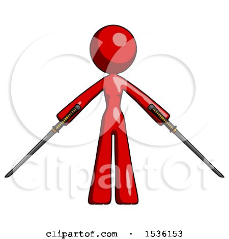 Red Design Mascot Woman Posing with Two Ninja Sword Katanas by Leo Blanchette