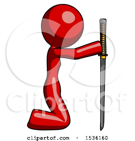 Red Design Mascot Woman Kneeling with Ninja Sword Katana Showing Respect by Leo Blanchette