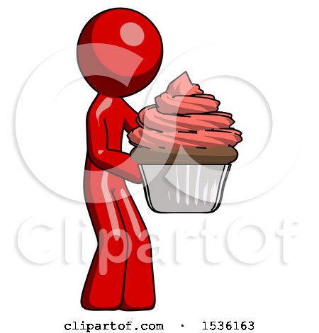 Red Design Mascot Man Holding Large Cupcake Ready to Eat or Serve by Leo Blanchette