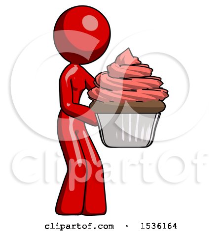 Red Design Mascot Woman Holding Large Cupcake Ready to Eat or Serve by Leo Blanchette