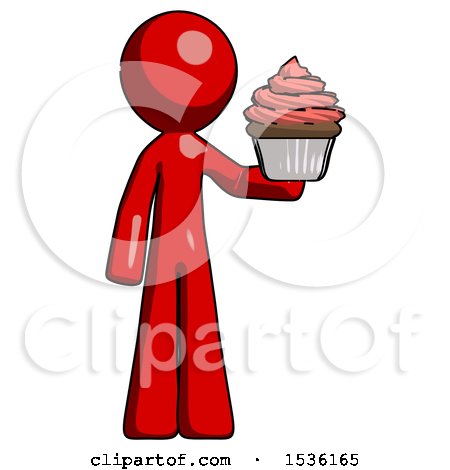 Red Design Mascot Man Presenting Pink Cupcake to Viewer by Leo Blanchette