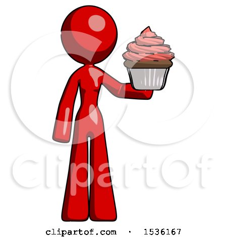 Red Design Mascot Woman Presenting Pink Cupcake to Viewer by Leo Blanchette