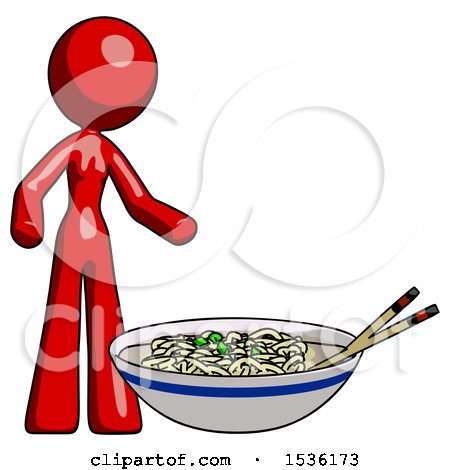 Red Design Mascot Woman and Noodle Bowl, Giant Soup Restaraunt Concept by Leo Blanchette