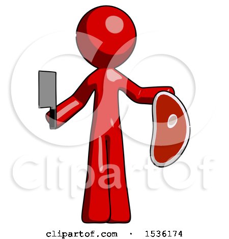 Red Design Mascot Man Holding Large Steak with Butcher Knife by Leo Blanchette